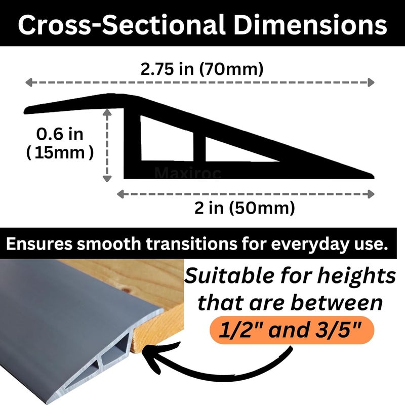 Maxiroc 1/2" to 3/5" Height Threshold Ramp - Rubber Threshold, Floor Transition Strip, Wheelchair Ramp, Door Strip, Carpet to Tile Strip (Gray, 40 inches) - Image 2